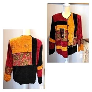 ALLURE 𝅺vintage wms L BLACK PRIMITIVE ART TO WEAR BUTTON DOWN LINED JACKET T33